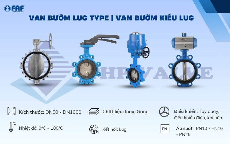 thông số kỹ thuật van bướm lug type