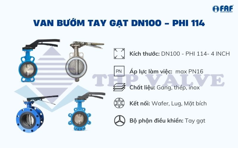 thông số kỹ thuật van bướm tay gạt dn100