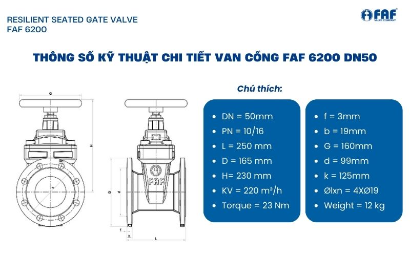 thông số kỹ thuật van cổng faf dn50 model 6200