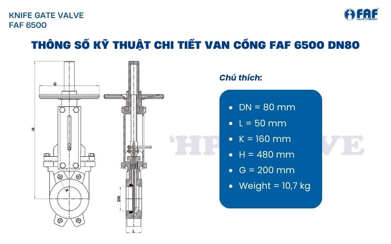 thông số kỹ thuật van cổng faf 6500 dn80